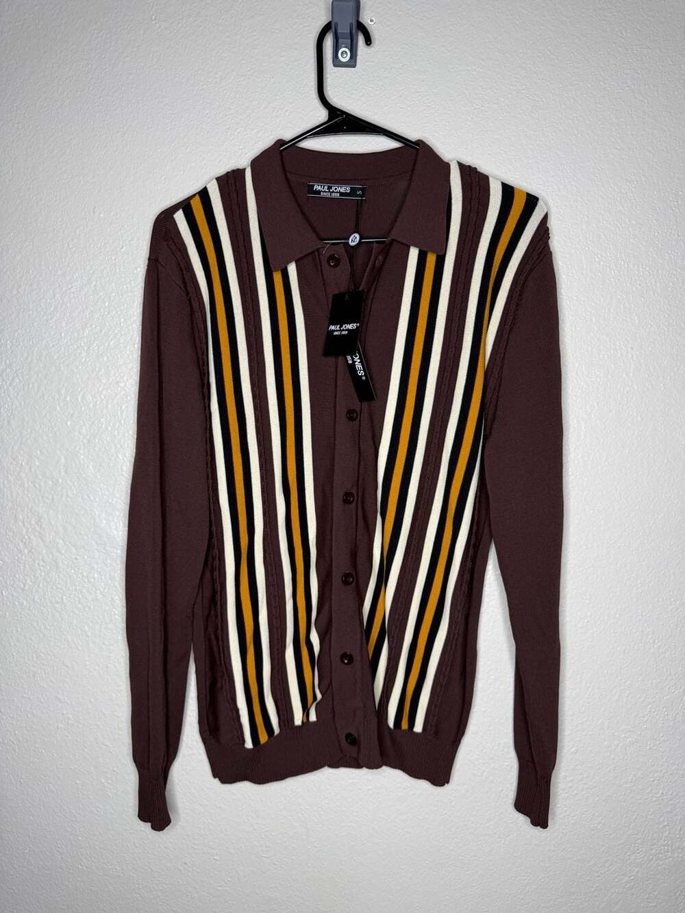Paul Jones Men's 50s Retro Vintage Vertical Striped Knit Polo Sweater